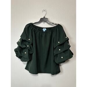 CECE Green and Faux Pearl Off-Shoulder Tiered Sleeve Blouse Size S